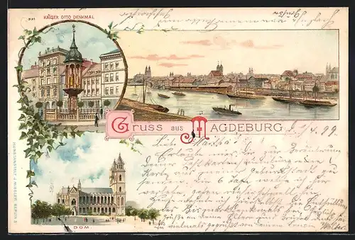 Lithographie Magdeburg, Dom, Kaiser Otto-Denkmal, Uferpartie