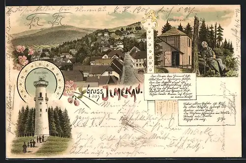 Lithographie Ilmenau, Kickelhahn, Goethehaus mit Goethe als Greis, Ortsansicht