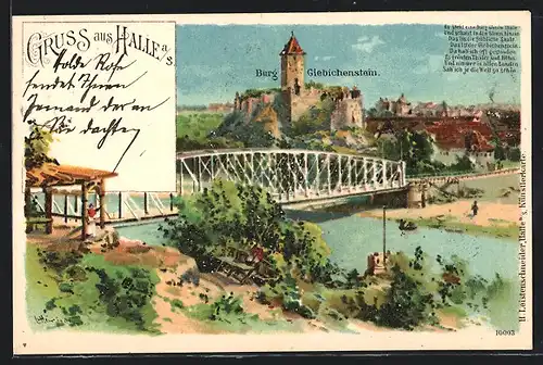 Lithographie Halle a. Saale, Gruss mit Burg Giebichenstein