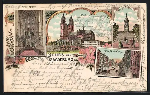 Lithographie Magdeburg, Dom, Domchor, Kriegerdenkmal, Der Breite Weg