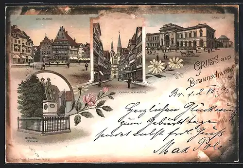 Vorläufer-Lithographie Braunschweig, 1895, Kohlmarkt, Bahnhof, Catharinen-Kirche, Lessing-Denkmal