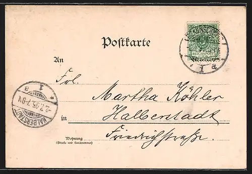 Vorläufer-Lithographie Braunschweig, 1895, Kohlmarkt, Bahnhof, Catharinen-Kirche, Lessing-Denkmal