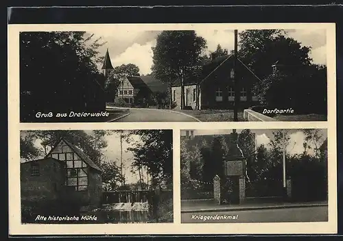AK Dreierwalde, Alte Mühle, Kriegerdenkmal, Ortspartie