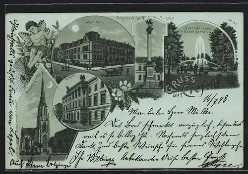 Mondschein-Lithographie Crefeld, Webschule, Friedens-Kirche, Springbrunnen im Stadtgarten, Geflügelte Kinderfigur