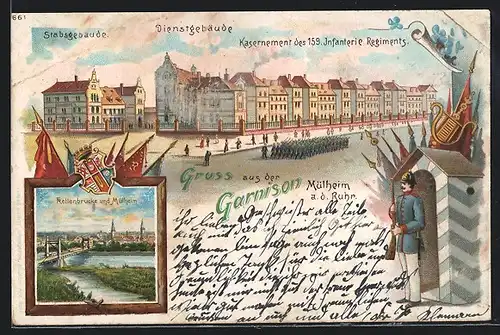 Lithographie Mülheim /Ruhr, Garnisonskasernen des 159. Inf.-Regts., Dienst- und Stabsgebäude, Ortsansicht, Kettenbrücke