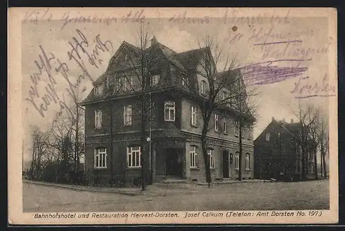 AK Dorsten-Hervest, Bahnhofshotel und Restauration Josef Calkum, Strassenansicht