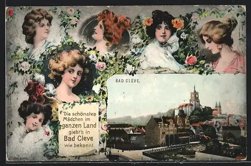 Passepartout-AK Bad Cleve, Teilansicht, Portrait der schönsten Mädchen