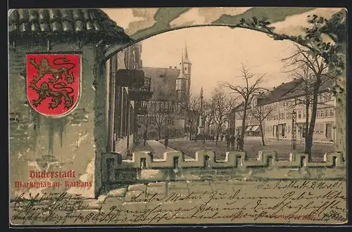 Passepartout-Lithographie Duderstadt, Marktplatz mit Rathaus und Kirche, Wappen