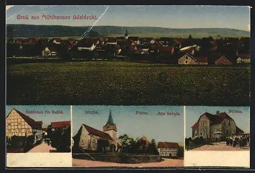 AK Mühlhausen (Waldeck), Gasthaus Fr. Behle, Ortspartie mit Pfarre und Kirche, Ortspanorama