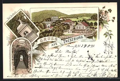 Lithographie Treseburg, Wilhelmsblick, Pfeil-Denkmal, Ortsansicht
