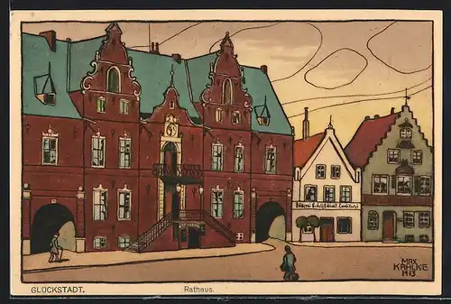 Steindruck-AK Glückstadt, Rathaus mit Bäckerei und Gathaus