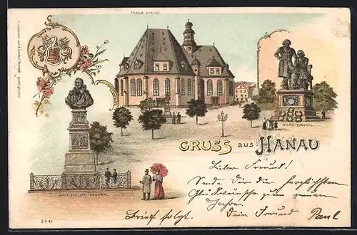 Lithographie Hanau, Denkmäler Graf Philipp und Grimm, Franz. Kirche, Wappen