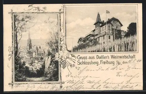 Passepartout-AK Freiburg i. B., Gasthaus Dattlers Weinwirtschaft, Schlossberg, Ortsansicht