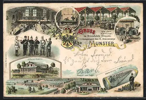 Lithographie Munster, Übungslager des X. Armeekorps, Officier-Casino, Kantine, Speisehallen, Ansicht vom Lager