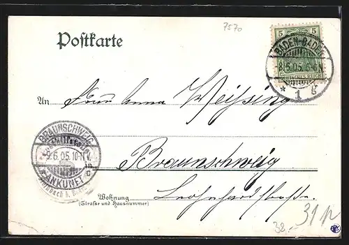 Lithographie Yburg b. Baden-Baden, Grossherzog-Friedrichsthurm und Pferdekutschen