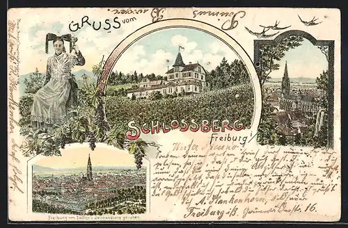 Lithographie Freiburg, Gasthaus zum Schlossberg, Blick auf die Stadt von Dattler`s Weinhandlung, Frau in Tracht
