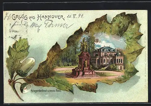 Passepartout-Lithographie Hannover, Kriegerdenkmal und neues Haus im Eichenblatt