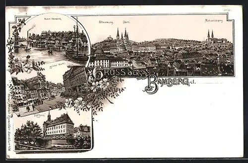 Lithographie Bamberg, Klein-Venedig, Altenburg, Dom, Michaelsberg, Grüner Markt, Rathaus