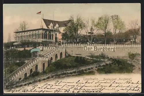 AK Dresden-Loschwitz, Restaurant Burgberg mit Aufgang und Umgebung