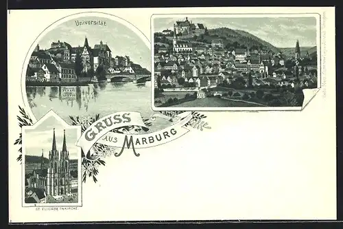 Lithographie Marburg, Teilansicht, Universität, St. Elisabethkirche