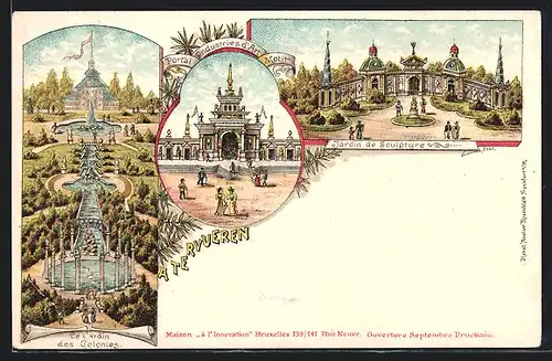 Lithographie Bruxelles, Industrie d'Art, Jardin des Colonies et de Sculpture