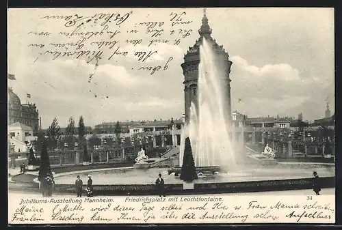 AK Mannheim, Jubiläums-Ausstellung 1907, Friedrichsplatz mit Leuchtfontaine