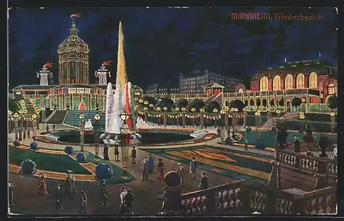 AK Mannheim, Jubiläums-Ausstellung 1907, Friedrichsplatz während der grossen Beleuchtung