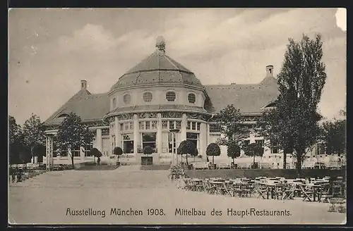 AK München, Ausstellung 1908, Mittelbau des Haupt-Restaurants, Ganzsache