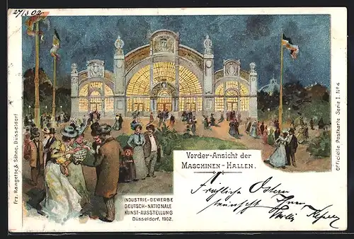 Lithographie Düsseldorf, Industrie-Gewerbe Deutsch-Nationale Kunst-Ausstellung 1902, Vorderansicht d. Maschinenhallen