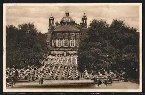 AK Dresden, Internationale Hygiene-Ausstellung 1930, Hauptrestaurant mit Konzertgarten