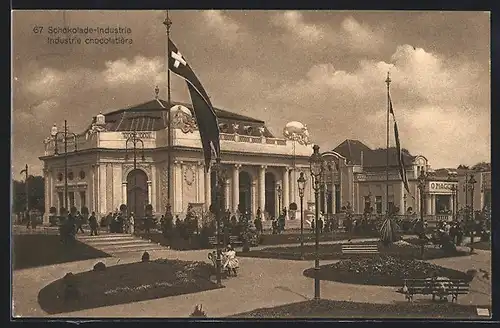 AK Bern, Landes-Ausstellung 1914, Schokolade-Industrie, Gebäude mit Anlagen und Fahnen