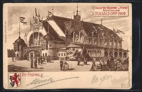 Lithographie Düsseldorf, Industrie- und Gewerbe-Ausstellung 1902, Festhalle und Ortswappen