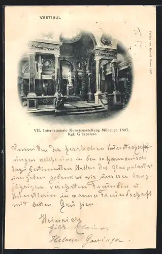 AK München, VII. Internationale Kunstausstellung 1897, Kgl. Glaspalast, Vestibül