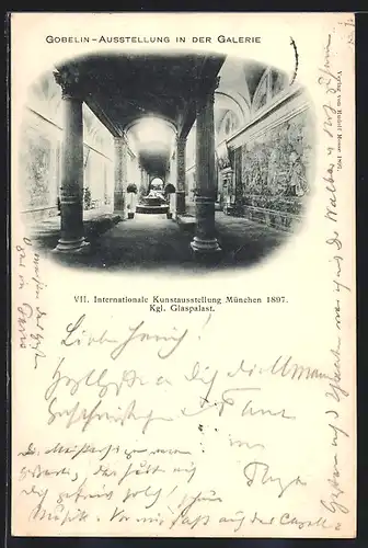 AK München, VII. Internationale Kunstausstellung 1897, Kgl. Glaspalast, Gobelin-Ausstellung in der Galerie