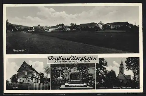 AK Berghofen / Kr. Frankenberg, Schule, Kriegerdenkmal, Kirche, Totalansicht