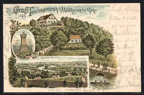 Lithographie Mülheim / Ruhr, Gasthaus Tersteegensruh, Tersteege-Denkmal, Blick ins Ruhrtal