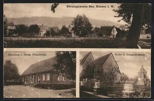 AK Börninghausen / Minden i. W., Handlung v. Herm. Haspelmann, Kirche, Kriegerdenkmal