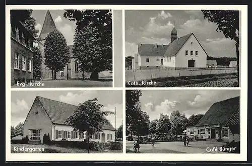 AK Spenge i. Westfalen, Cafe Bünger, Kindergarten, Evgl. Kirche, Kath. Kirche