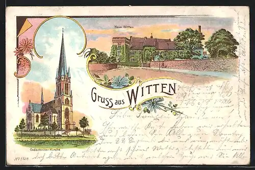 Lithographie Witten, Haus Witten, Blick zur Gedächtnis-Kirche