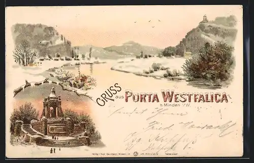 Winter-Lithographie Porta Westfalica b. Minden, Flusspartie mit Denkmal