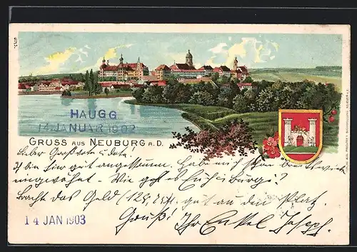 Lithographie Neuburg a. D., Blick zum Benediktinerabtei, Wappen