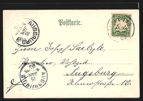 Lithographie Neuburg a. D., Blick zum Benediktinerabtei, Wappen