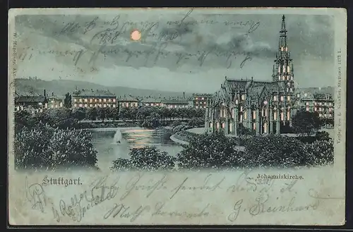 Mondschein-Lithographie Stuttgart, Johanniskirche, Halt gegen das Licht