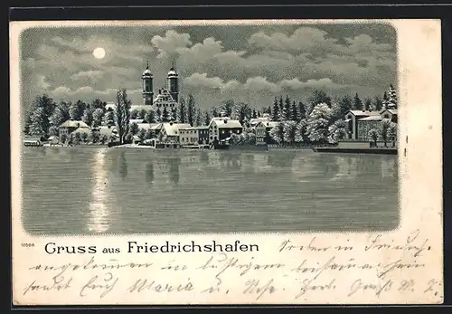 Winter-Lithographie Friedrichshafen / Bodensee, Teilansicht mit Kirche im Mondschein