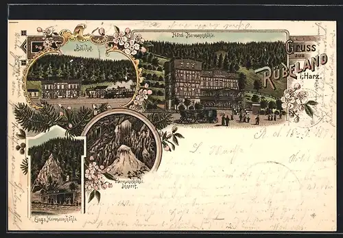Lithographie Rübeland /Harz, Hotel Hermannshöhle, Bahnhof, Eingang zur Höhle