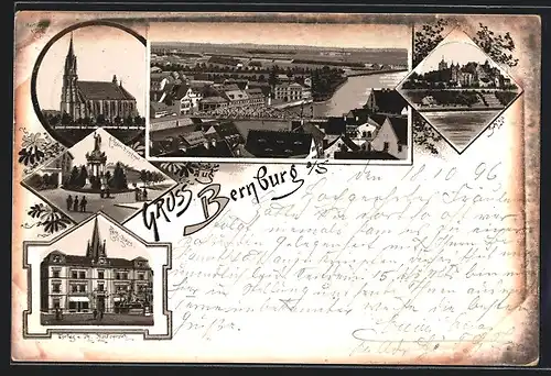 Lithographie Bernburg a. S., Rathaus, Krieger-Denkmal, Ortsansicht