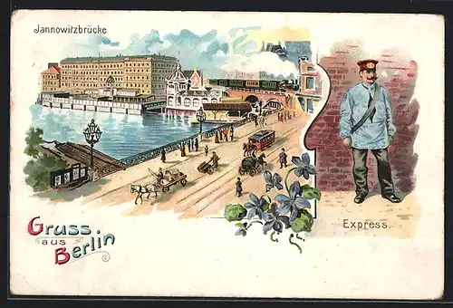 Lithographie Berlin, Jannowitzbrücke mit Pferdebahn, Expressbote