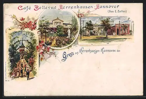 Lithographie Herrenhausen, Ansichten des Cafe Bellevue Herrenhausen