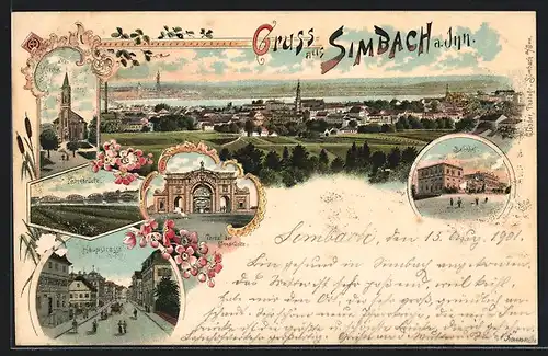 Lithographie Simbach a. Inn, Bahnhof, Innbrücke, Portal
