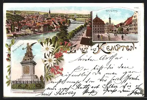 Lithographie Kempten, Krieger-Denkmal, Rathaus-Platz, Ortsansicht
